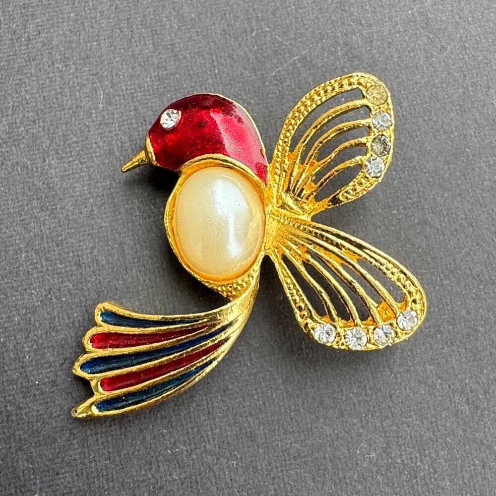 Vintage Hummingbird Brooch Gold Tone Red Enamel, Clear Stones, Faux Pearl Belly
